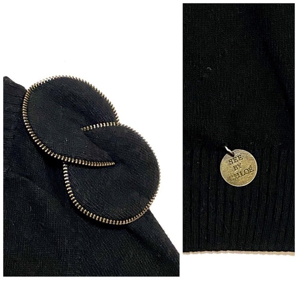 See by Chloe black sweater, tunic length woo/cashmerel blend sweater with flower - Picture 9 of 12